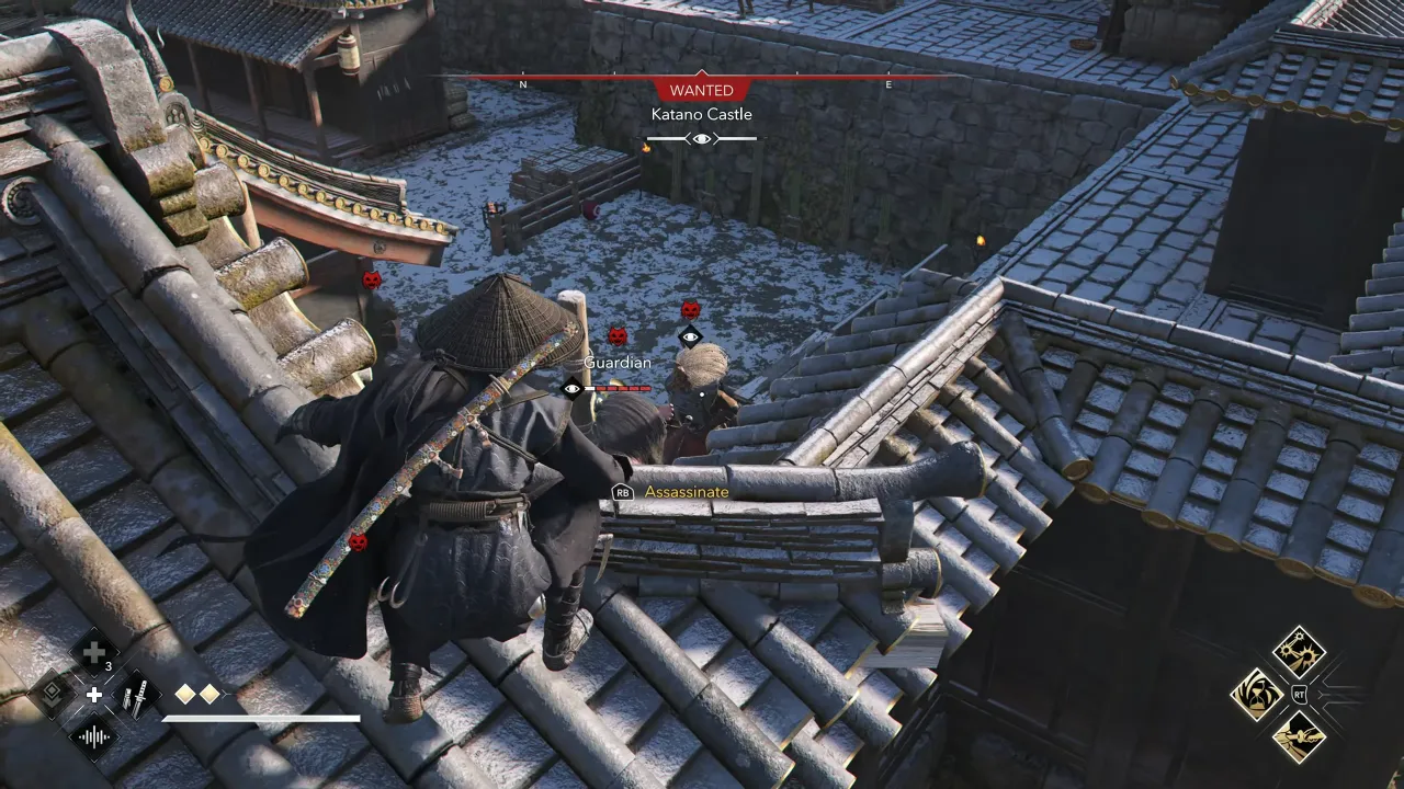 Assassin's Creed Shadows Giant Slayer Trophy - Naoe on the rooftop focusing on Guardians for attack.