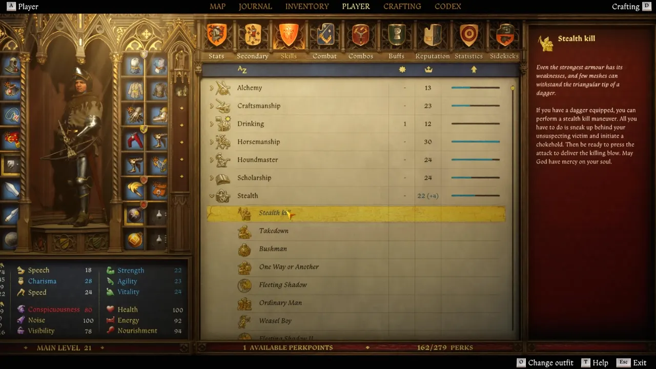 Stealth Kills menu in Kindom Come Deliverance 2