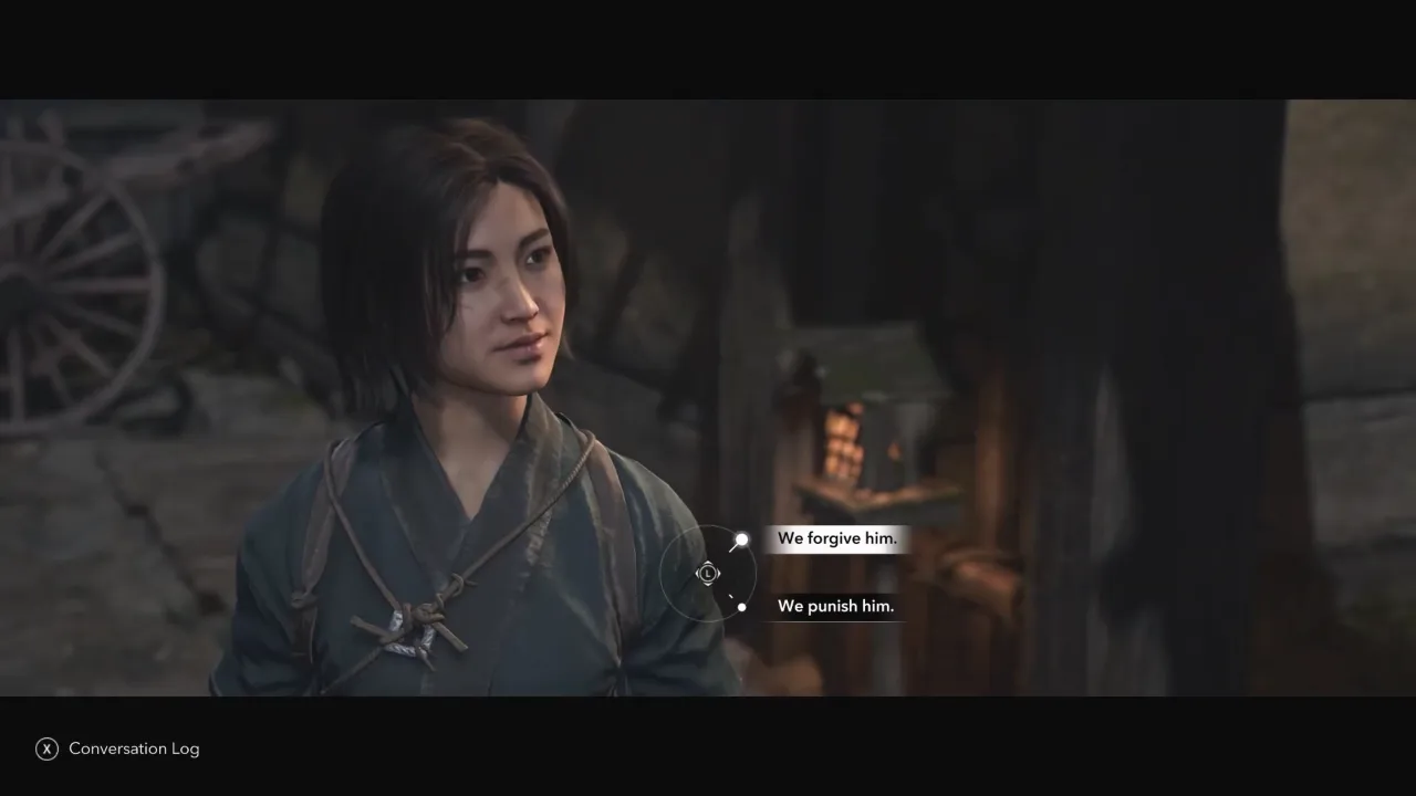 Naoe making choice to forgive Shrine Raiders in AC Shadows