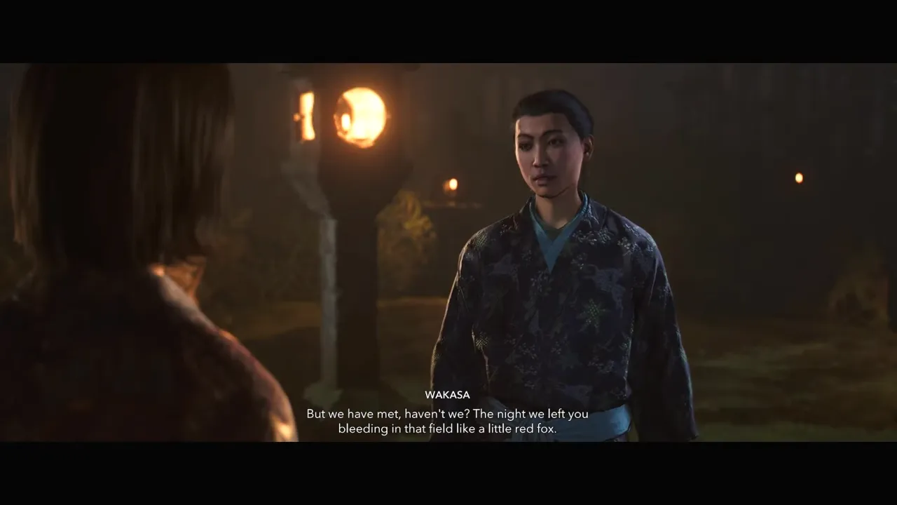 Wakasa talking to Naoe in AC Shadows