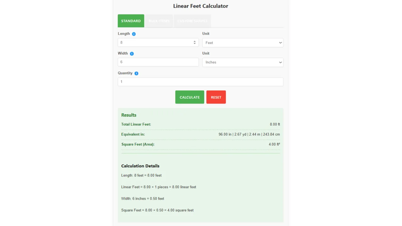 Image showing the linear footage measurements using linear feet calculator