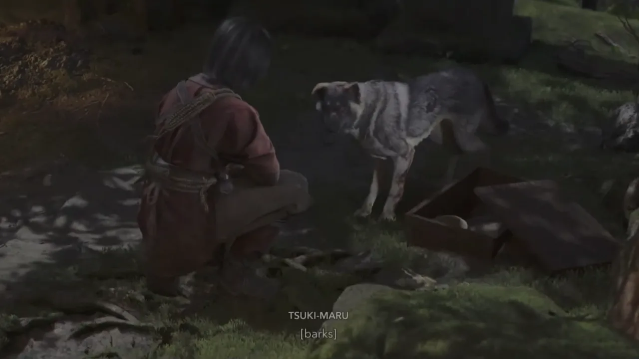 Naoe's final encounter with dog near gravesite in Throws to the Dog in AC Shadows