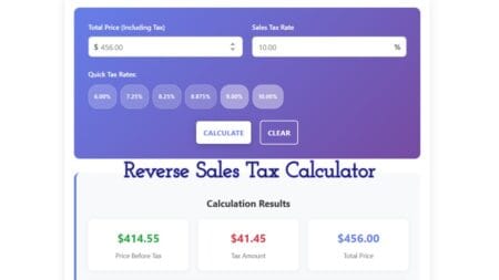 Reverse Sales Tax Calculator Reverse sales tax calculator interface showing calculated pre-tax price from total amount with tax rate input fields