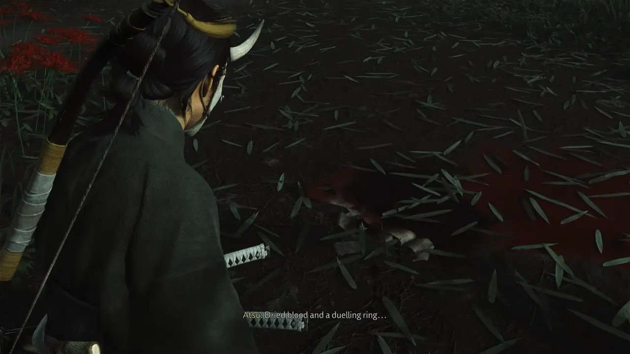 Atsu examining bloodstains - Ghost of Yotei The Spider Lilly General