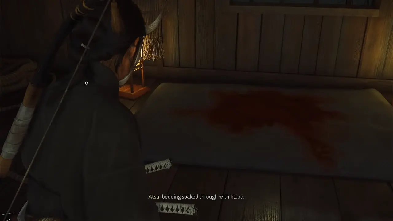 Atsu examining soaked blood inside room - Ghost of Yotei The Spider Lilly General