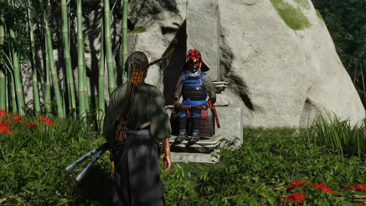 Atsu in front of Spider Lilly Armor - Ghost of Yotei