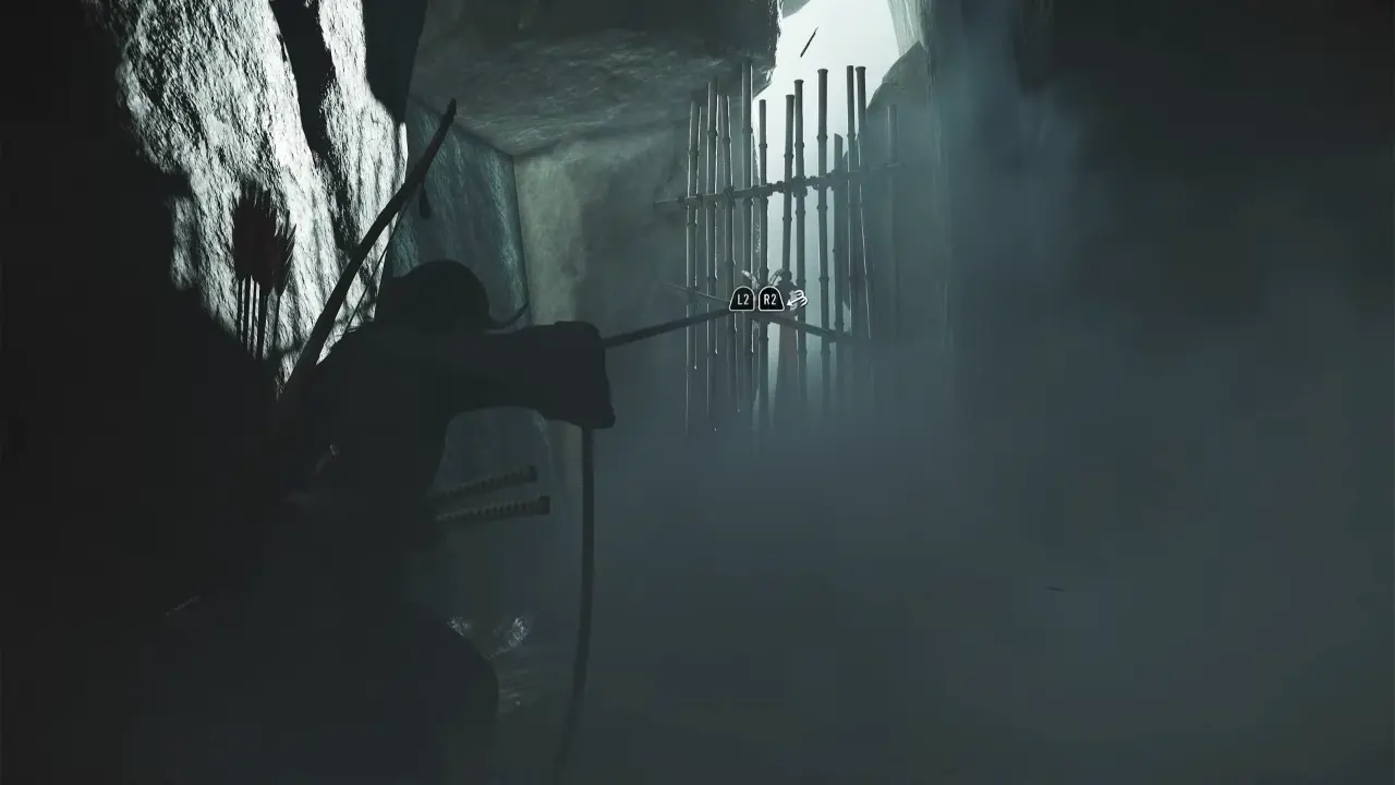 Atsu pulling down bamboo door with grapple - Ghost of Yotei The Spider Lilly General