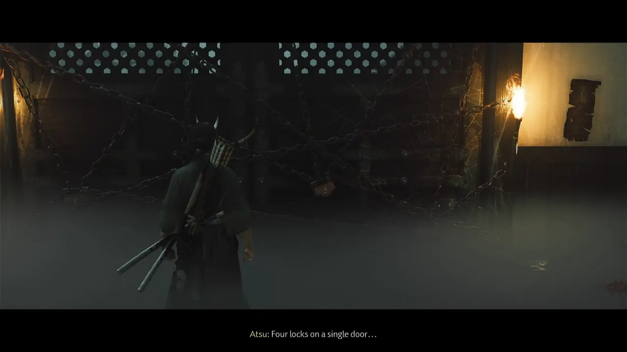 Atsu standing in front of locked gate - Ghost of Yotei The Spider Lilly General