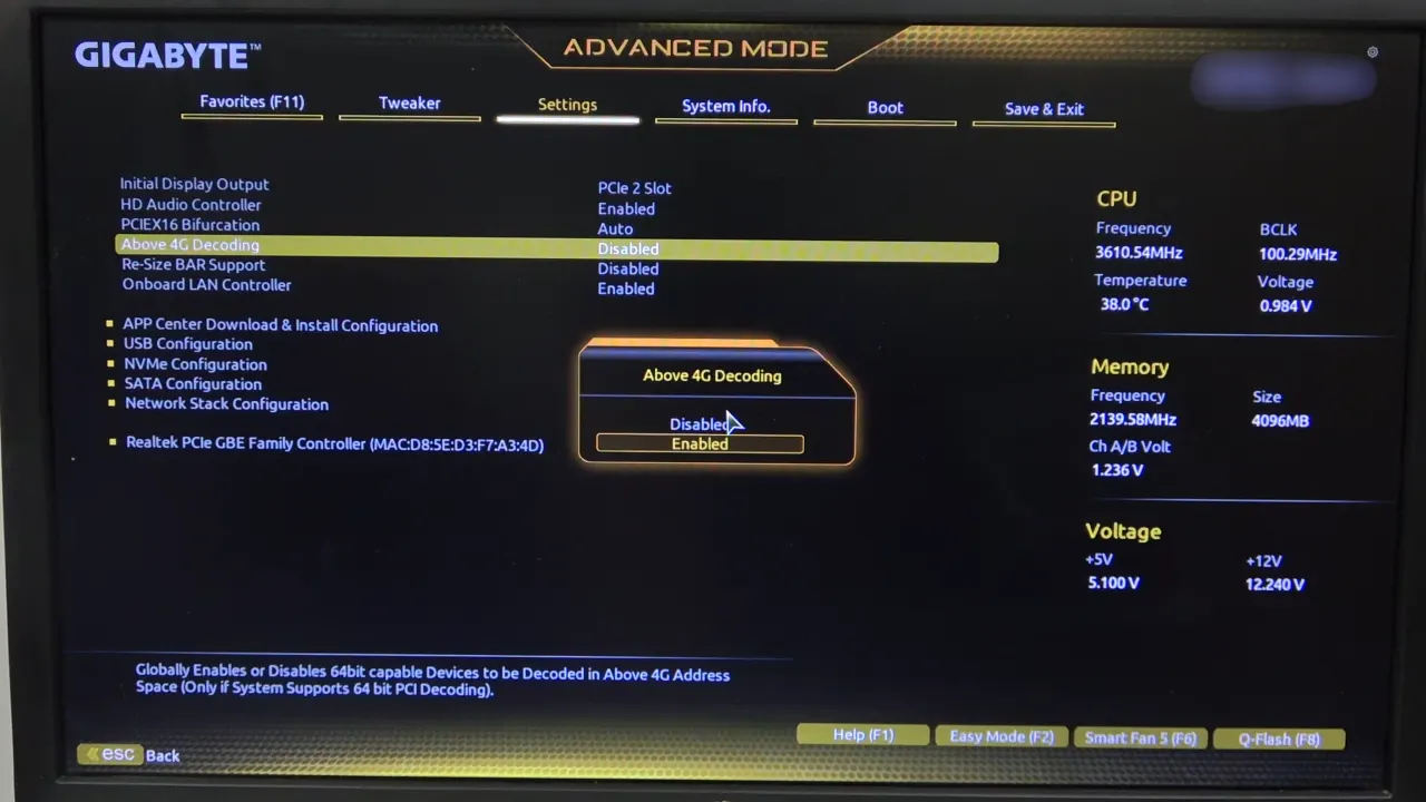 Enable Above 4G Decoding and Resizable BAR Support
