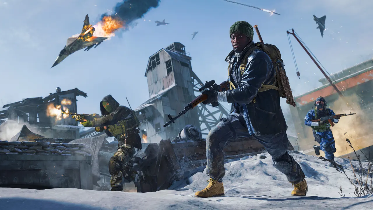 Battlefield scene in Blacks Ops 7 with two soldiers weilding guns