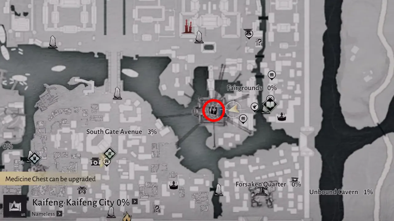 Where Winds Meet Kaifeng map with marked Beast Reverie location at Fairgrounds.