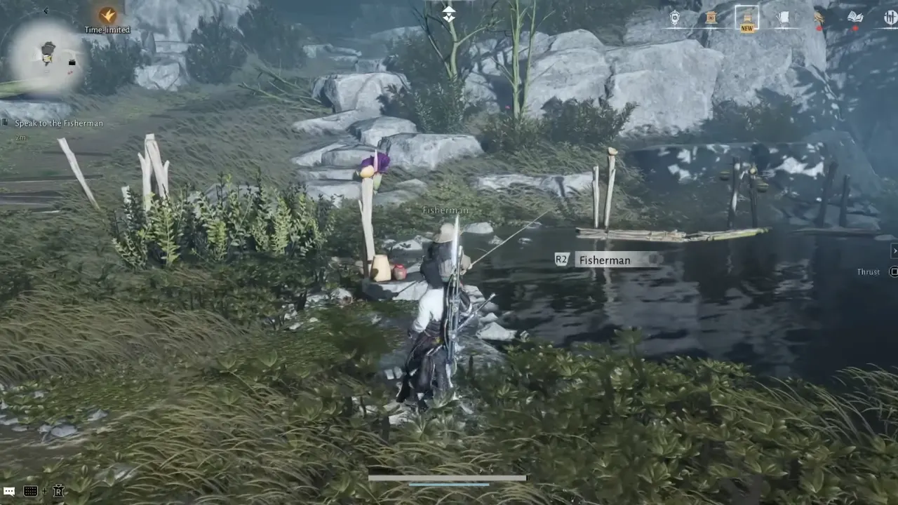 WWM - character speaking with fisherman beside the lake.
