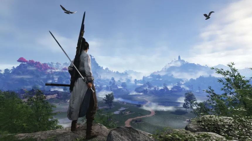 Young Hero seeing at open world landscape with birds flying in the air in Where Winds Meet.