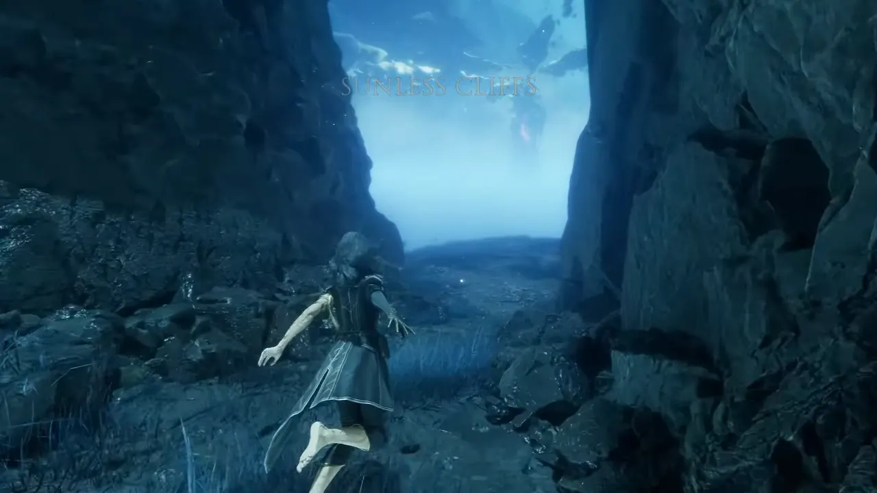 Sunless Cliffs entrance with left and right paths ahead.
