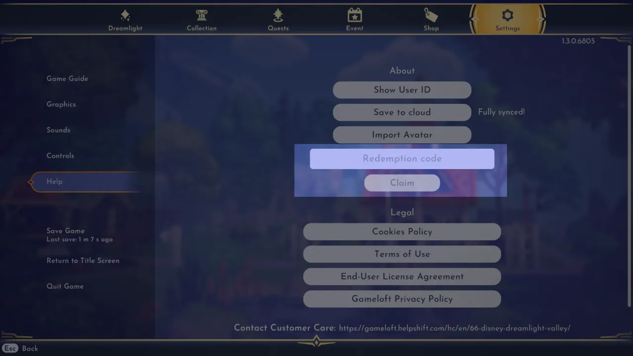 Disney Dreamlight Valley - in-game menu to redeem DDV codes